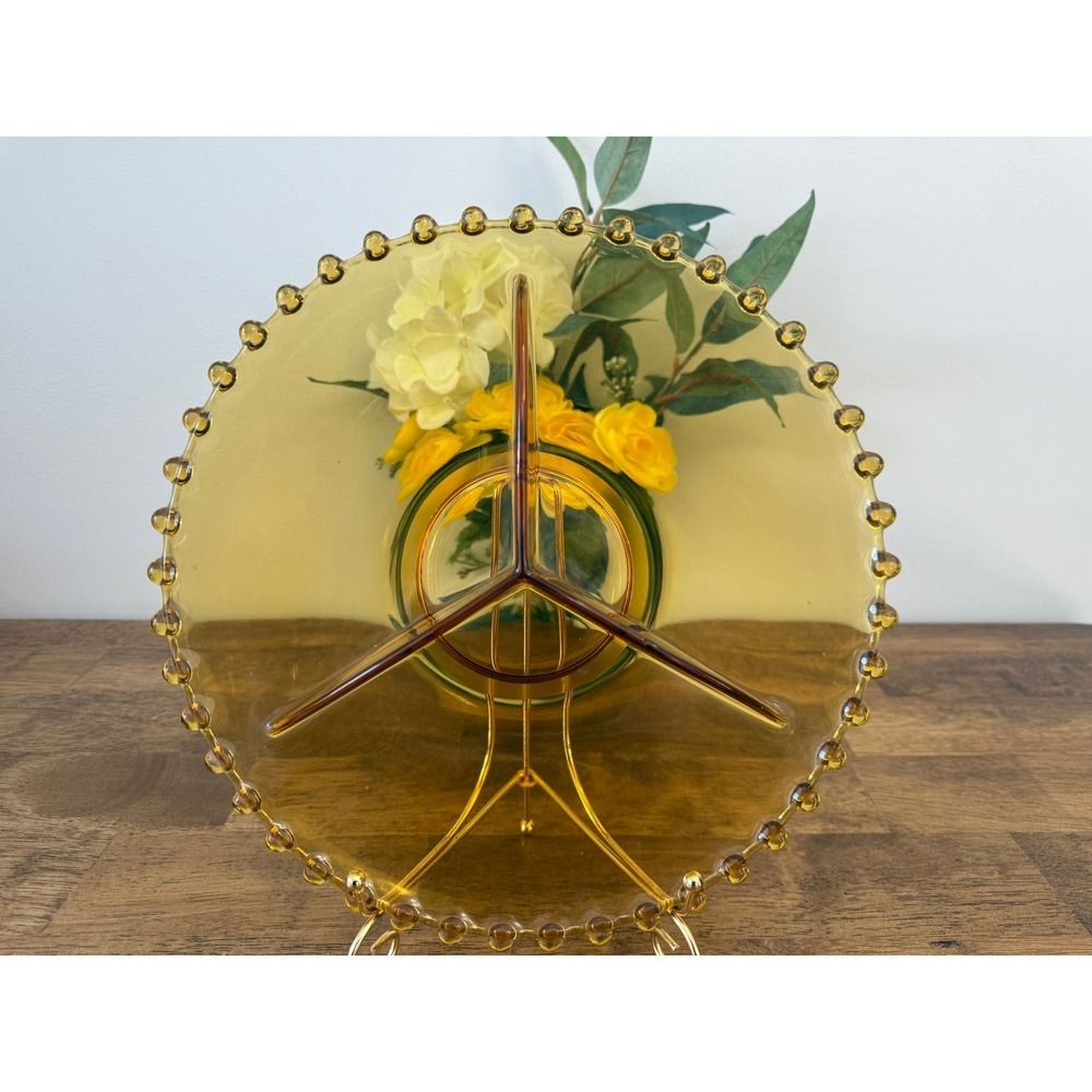 Vintage Imperial Glass Candlewick Amber Divided Serving Tray Relish Dish Beaded